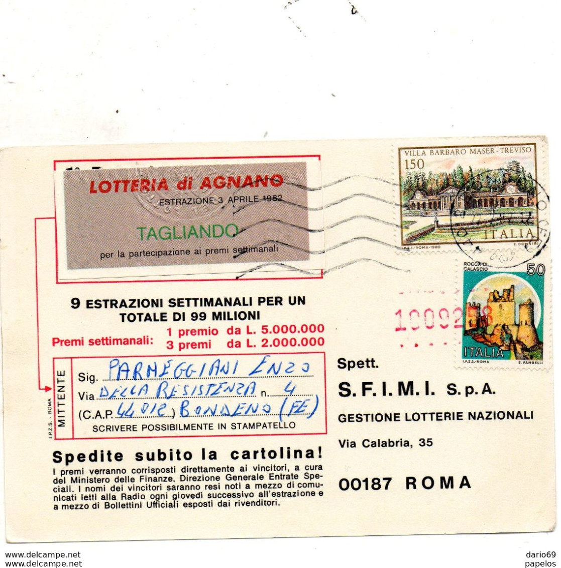 1982 CARTOLINA LOTTERIA DI AGNANO - 1981-90: Marcofilie
