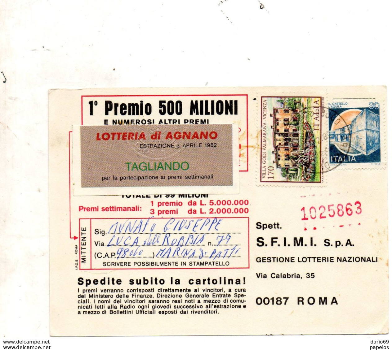 1982 CARTOLINA LOTTERIA DI AGNANO - 1981-90: Storia Postale