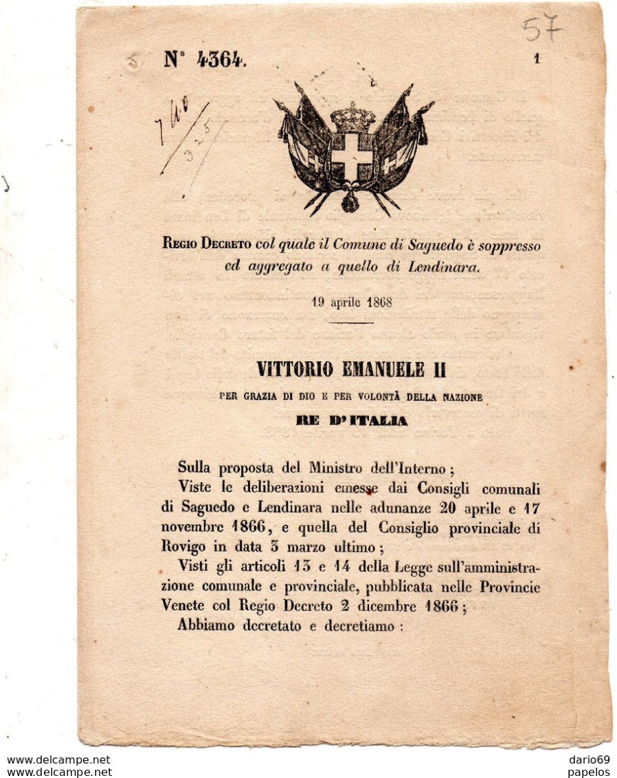 1868  DECRETO COL QUALE IL COMUNE DI SAGUEDO  E' SOPPRESSO ED AGGREGATO AL COMUNE DI LENDINARA - Wetten & Decreten