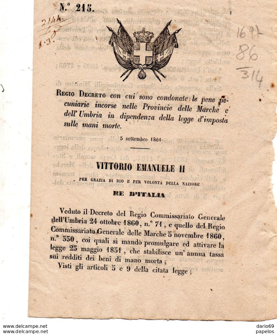 1861 DECRETO CON CUI SONO CONDONATE LE PENE PECUNIARIE SULLE MANI MORTE - Decrees & Laws