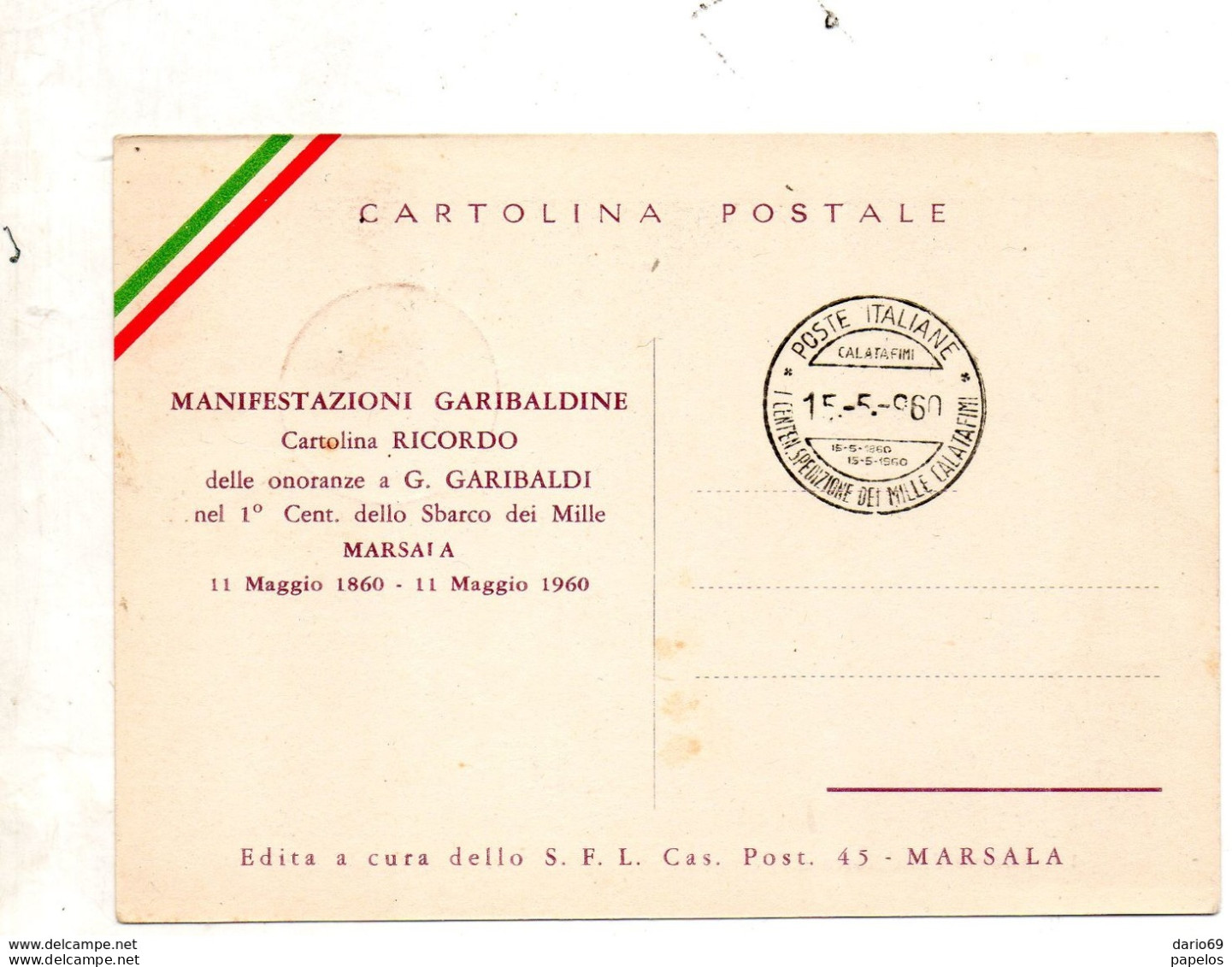 1960 CARTOLINA  CON ANNULLO CENTENARIO SBARCO DEI MILLE CALATAFIMI - 1946-60: Storia Postale