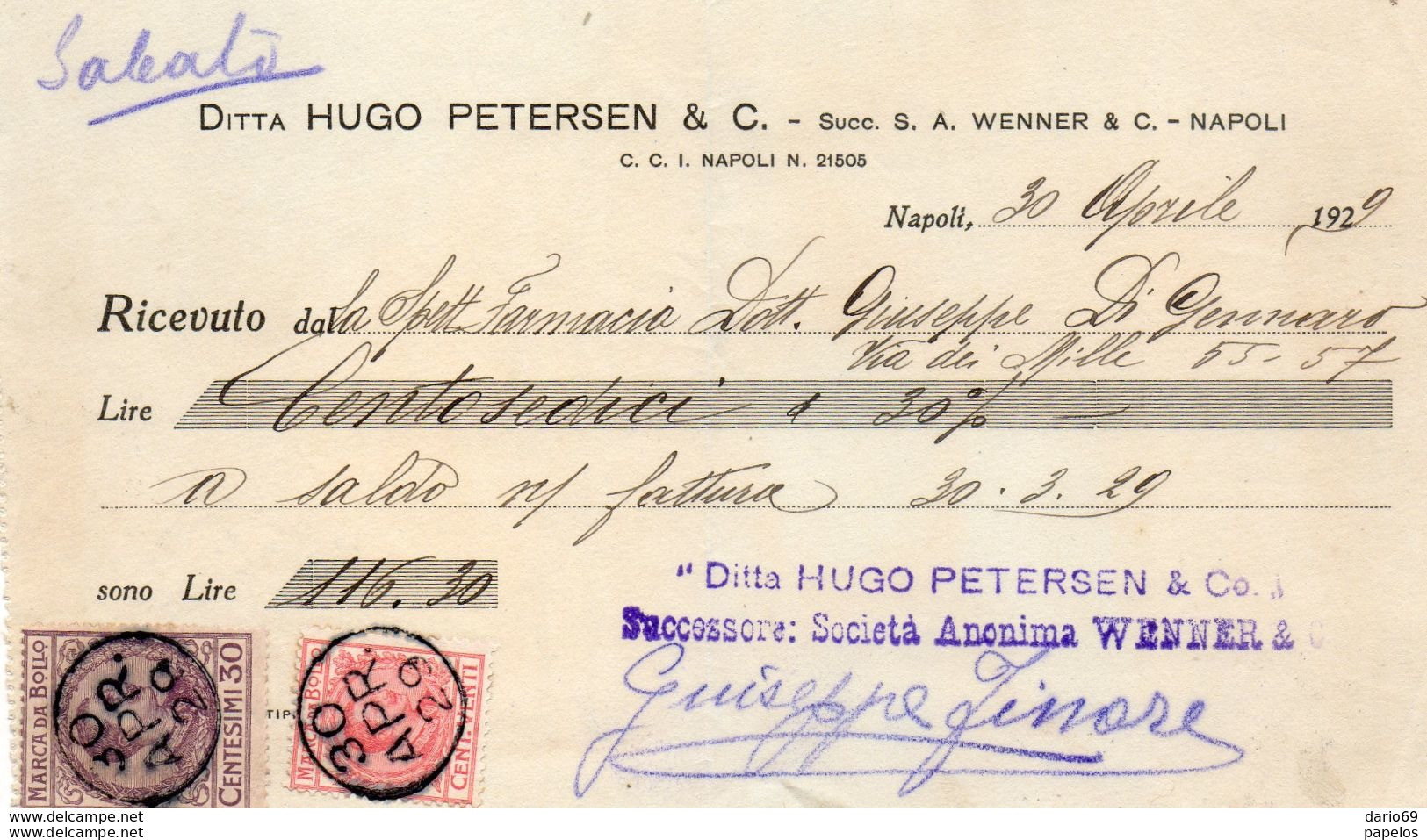 1929 DITTA HUGO PETERSEN NAPOLI - Italien