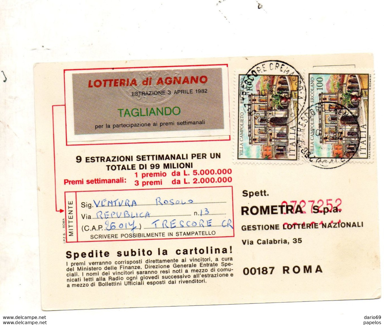 1982  CARTOLINA LOTTERIA DI AGNANO CON ANNULLO  TRESCORE CREMONA - 1981-90: Storia Postale