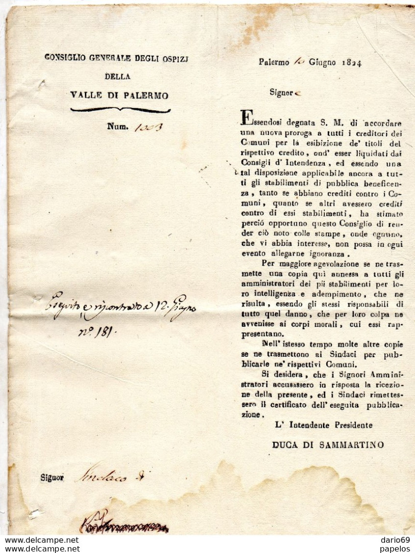 1824 PALERMO - CONSIGLIO GENERALE DEGLI OSPIZI - Decretos & Leyes