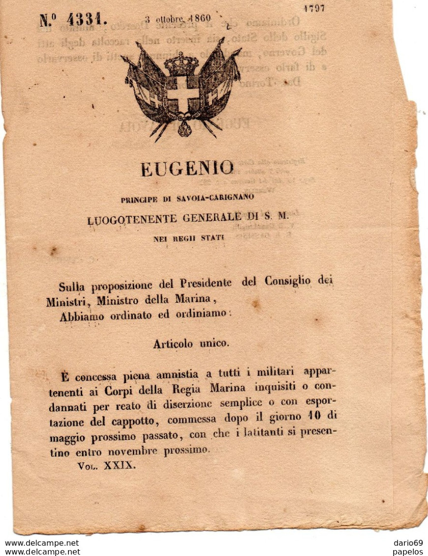 1860 DECRETO CONCESSA AMNISTIA  A TUTTI I MILITARI DELLA MARINA  PER REATO  DI  DISERZIONE - Wetten & Decreten