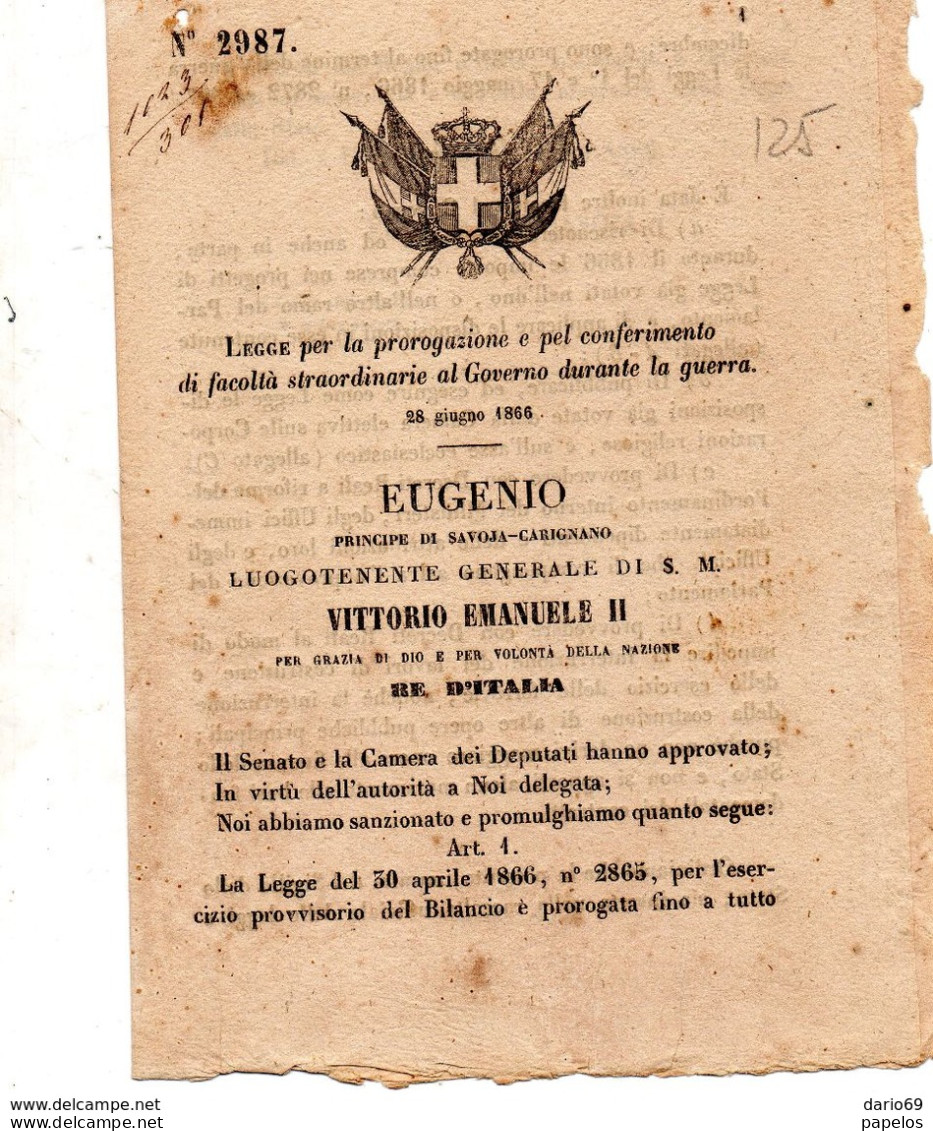 1866  DECRETO .CONFERIMENTO DI FACOLTÀ STRAORDINARIA AL GOVERNO DURANTE LA GUERRA - Wetten & Decreten