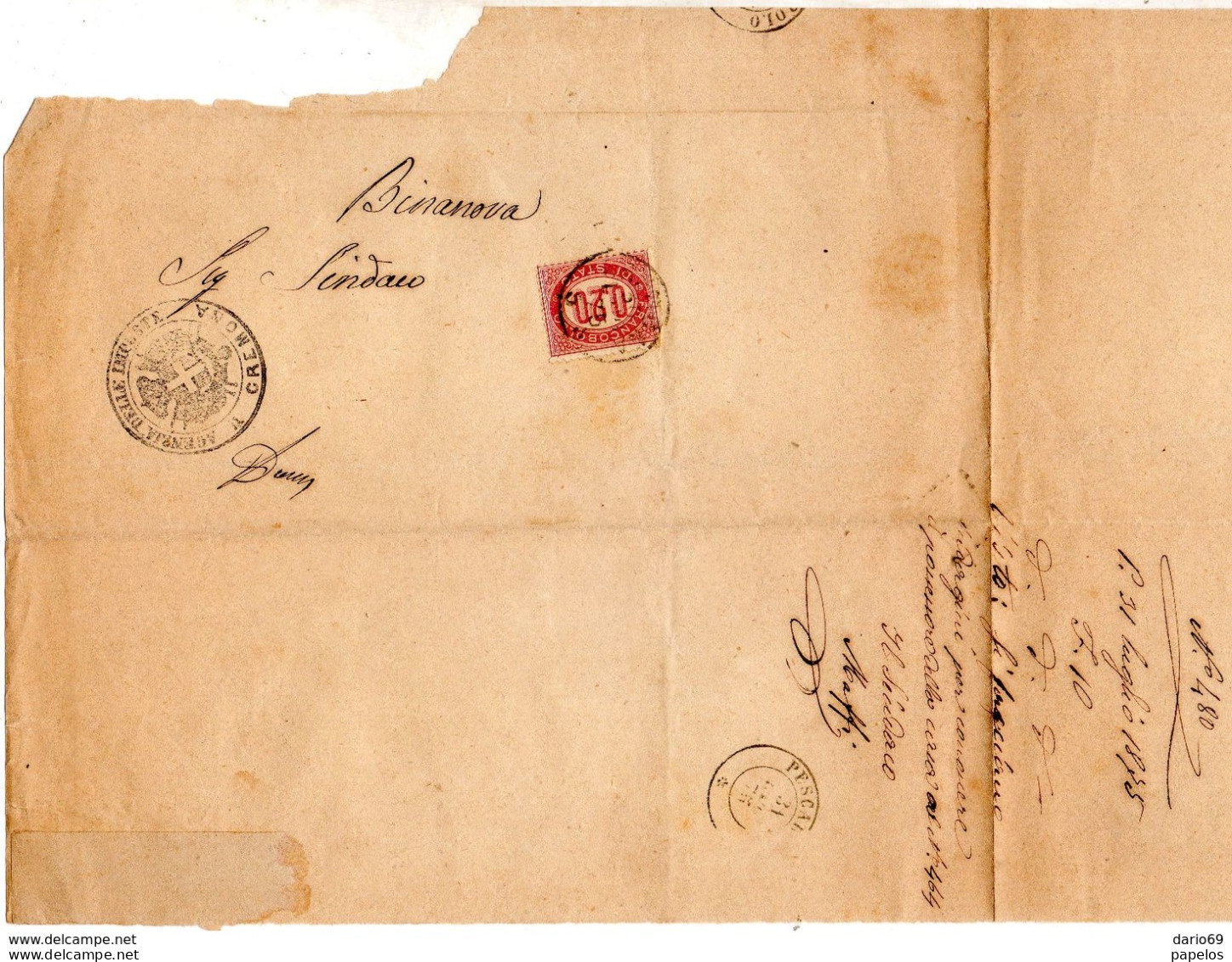 1875  LETTERA   CON ANNULLO  CREMONA + PESCARA - Marcofilie