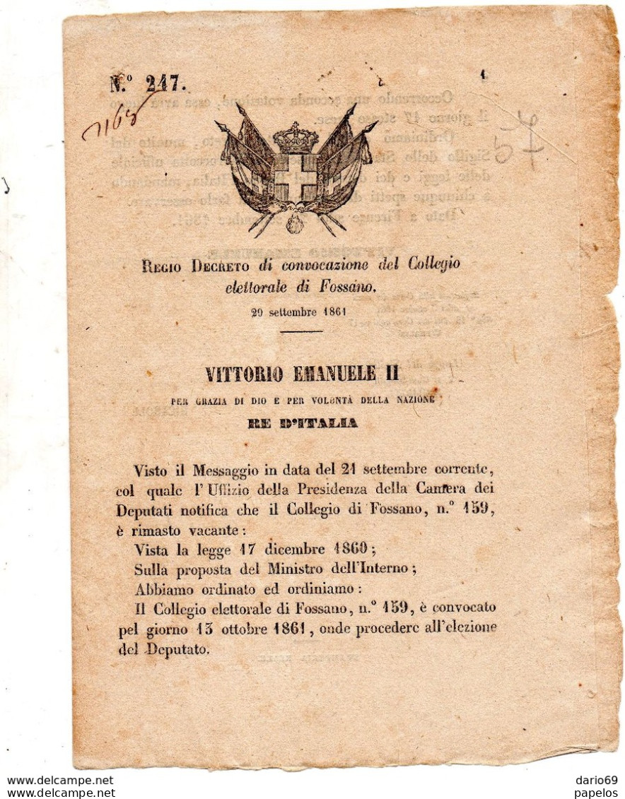 1861   DECRETO DI CONVOCAZIONE DEL COLLEGIO ELETTORALE DI FOSSANO - Décrets & Lois