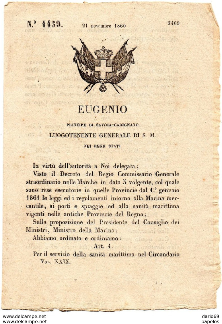 1860  DECRETO  REGOLAMENTI MARINA MERCANTILE - Décrets & Lois