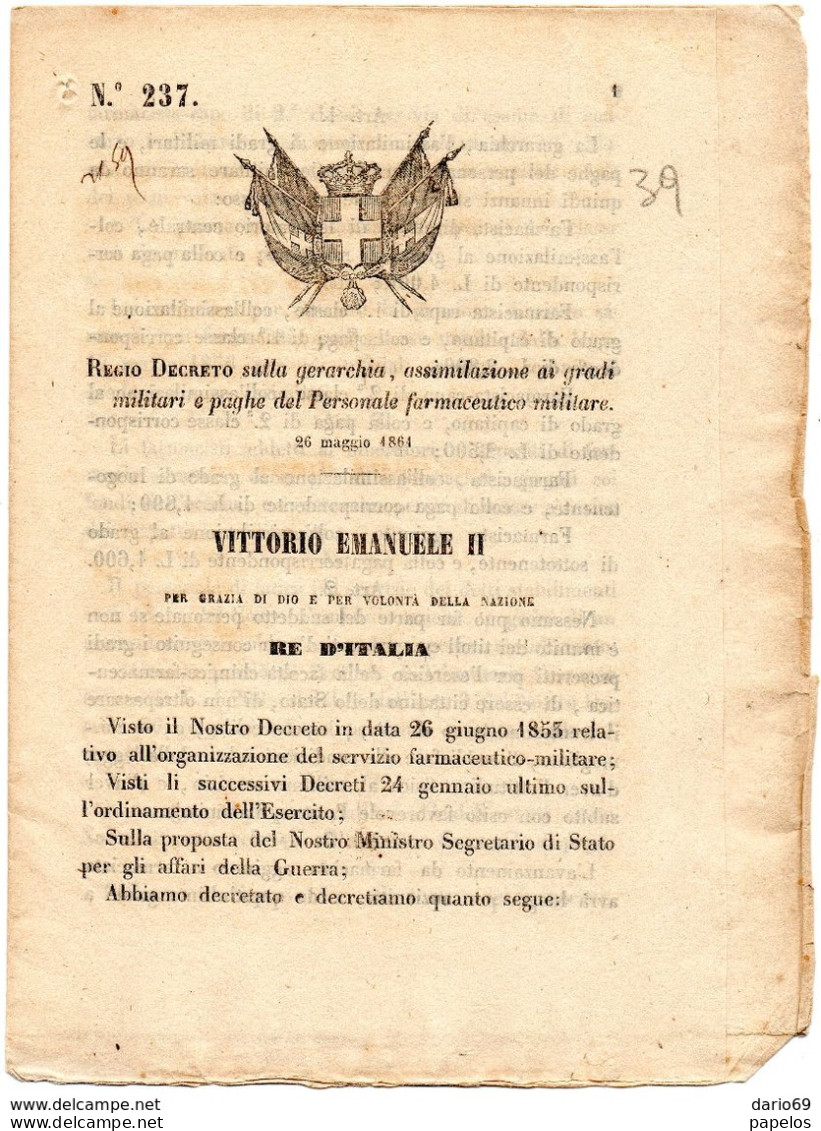 1868   DECRETO  SULLA GERARCHIA  AI GRADI MILITARI E PAGHE DEL PERSONALE FARMACEUTICO  MILITARE - Wetten & Decreten