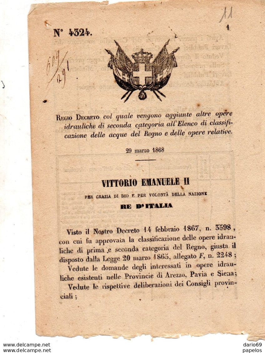 1868   DECRETO  COL QUALE VENGONO AGGIUNTE ALTRE OPERE IDRAULICHE - Décrets & Lois