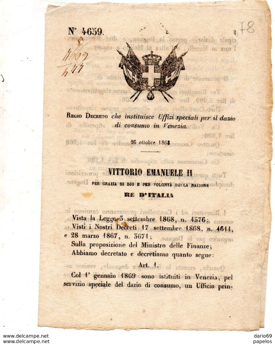 1868   DECRETO  CHE ISTITUISCE - Décrets & Lois