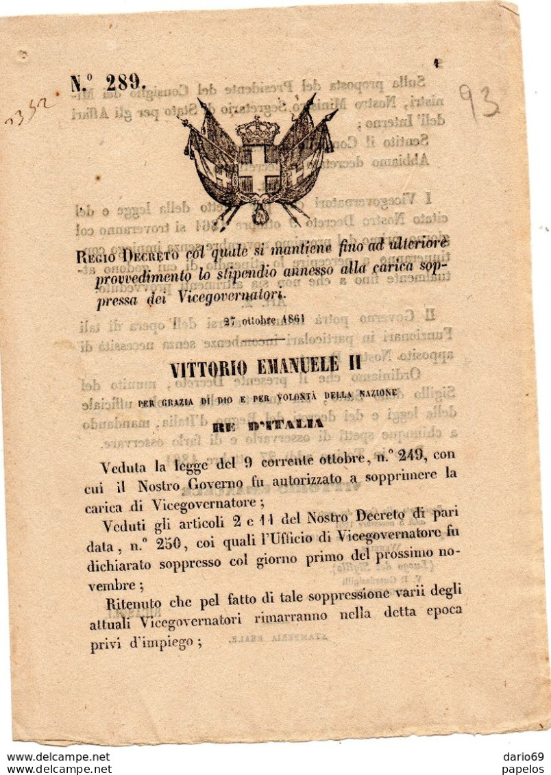 1861   DECRETO  COL QUALE SI MANTIENE LO STIPENDIO DEI VICEGOVERNATORI - Wetten & Decreten