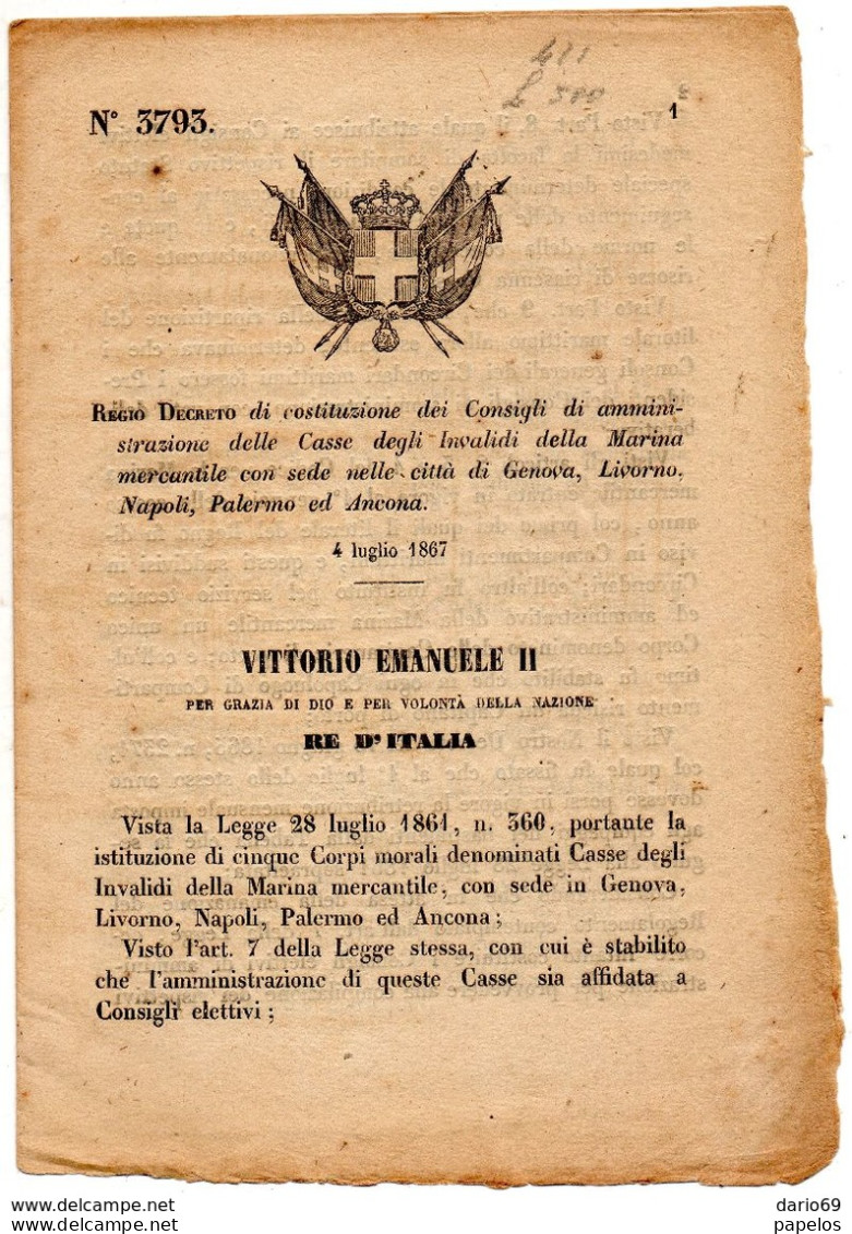 1867  DECRETO  INVALIDI MARINA MERCANTILE - Decretos & Leyes