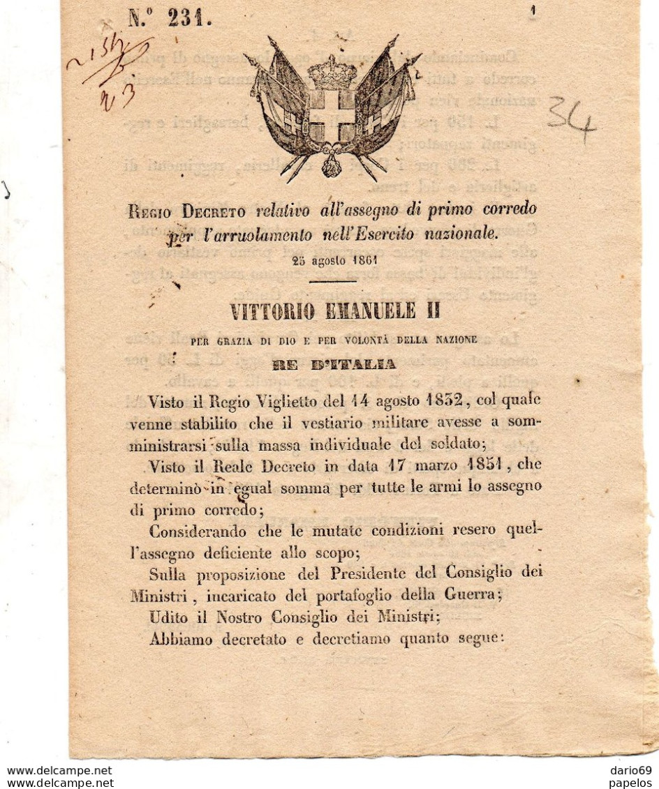 1861   DECRETO  RELATIVO ALL'ASSEGNO DI PRIMO CORREDO PER L'ARRUOLAMENTO NELL'ESERCITO - Wetten & Decreten