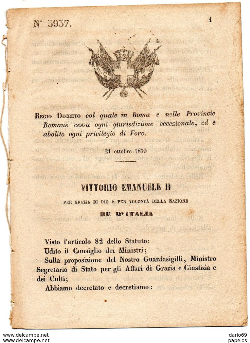 1870  DECRETO  ROMA E' ABOLITO OGNI PRIVILEGIO DI FORO - Décrets & Lois
