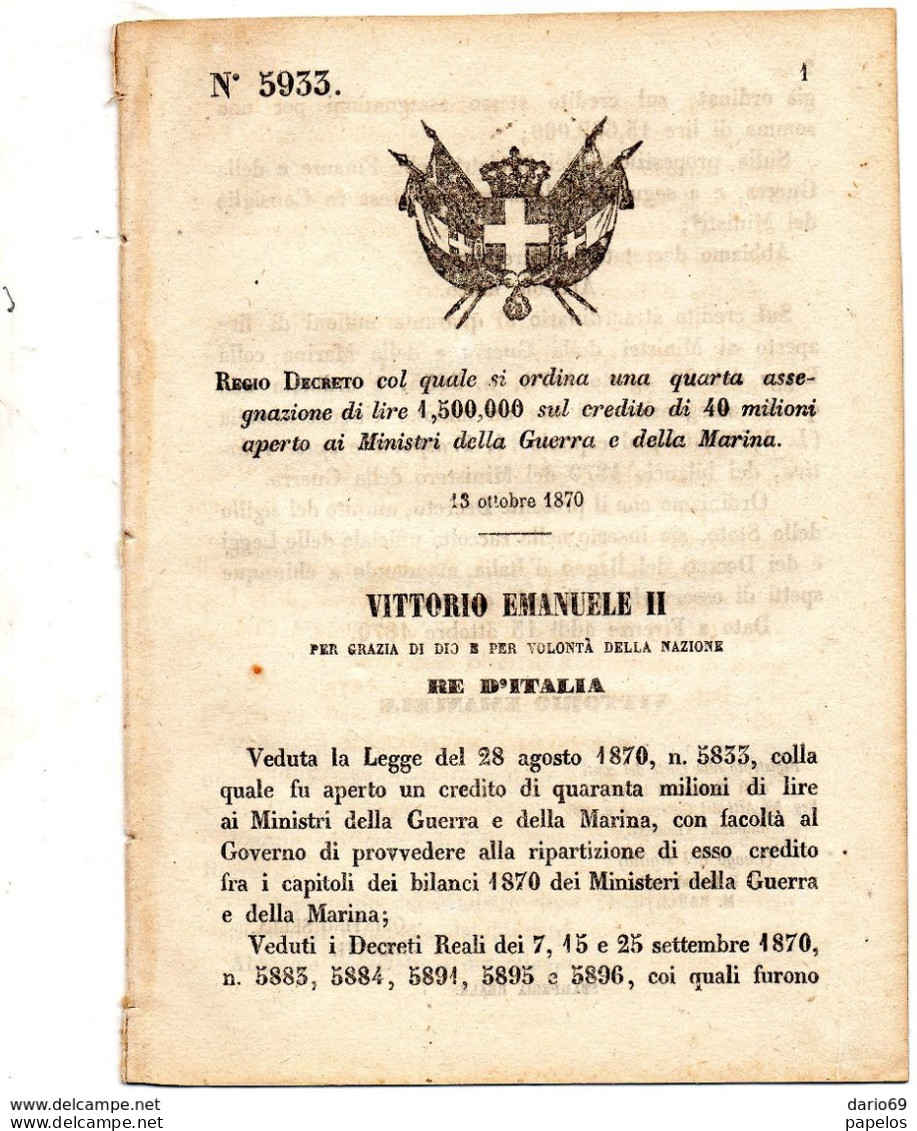 1870  DECRETO MINISTRO DELLA GUERRA E DELLA MARINA - Wetten & Decreten
