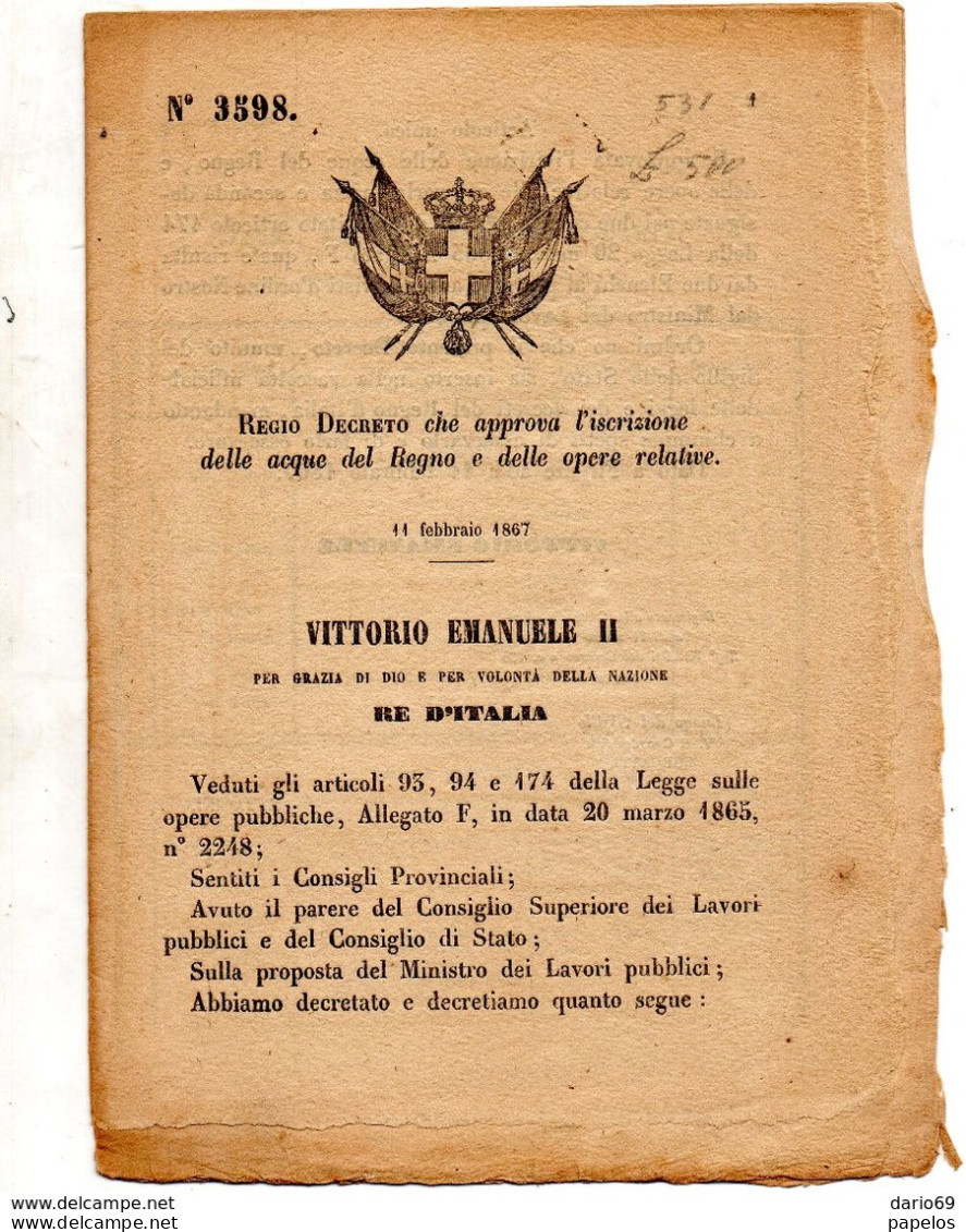 1867  DECRETO  CHE APPROVA L'ISCRIZIONE DELLE ACQUE DEL REGNO - Decretos & Leyes