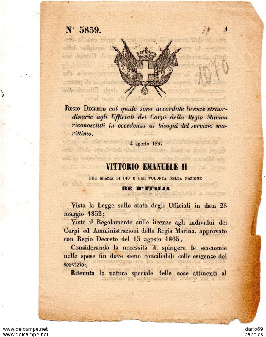 1867 DECRETO COL QUALE  SONO ACCORDATE LICENZE AGLI UFFICIALI DELLA MARINA - Decrees & Laws