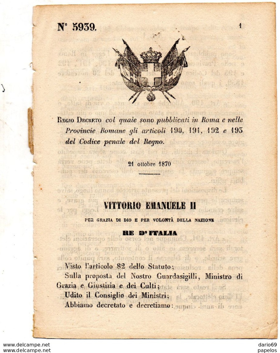 1870  DECRETO  ROMA - Wetten & Decreten