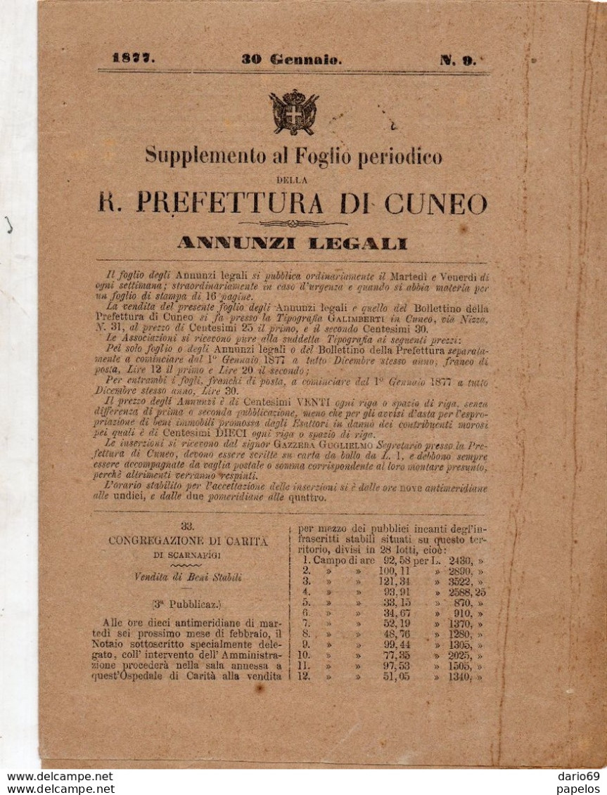 1877  PREFETTURA DI CUNEO ANNUNZI LEGALI - Historische Documenten