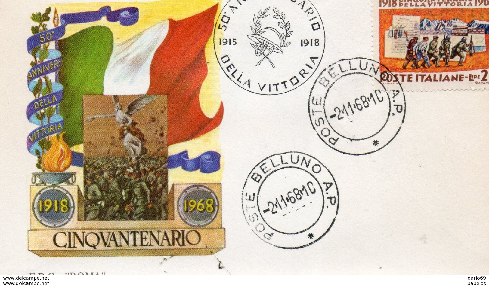 1968 50° ANNIVERSARIO DELLA VITTORIA , GIRO COMPLETO - FDC