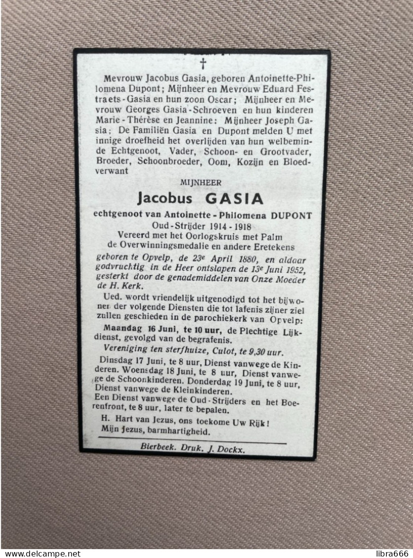 GASIA Jacobus °OPVELP 1880 +OPVELP 1952 - DUPONT - Oud-Strijder 1914-1918 - Todesanzeige