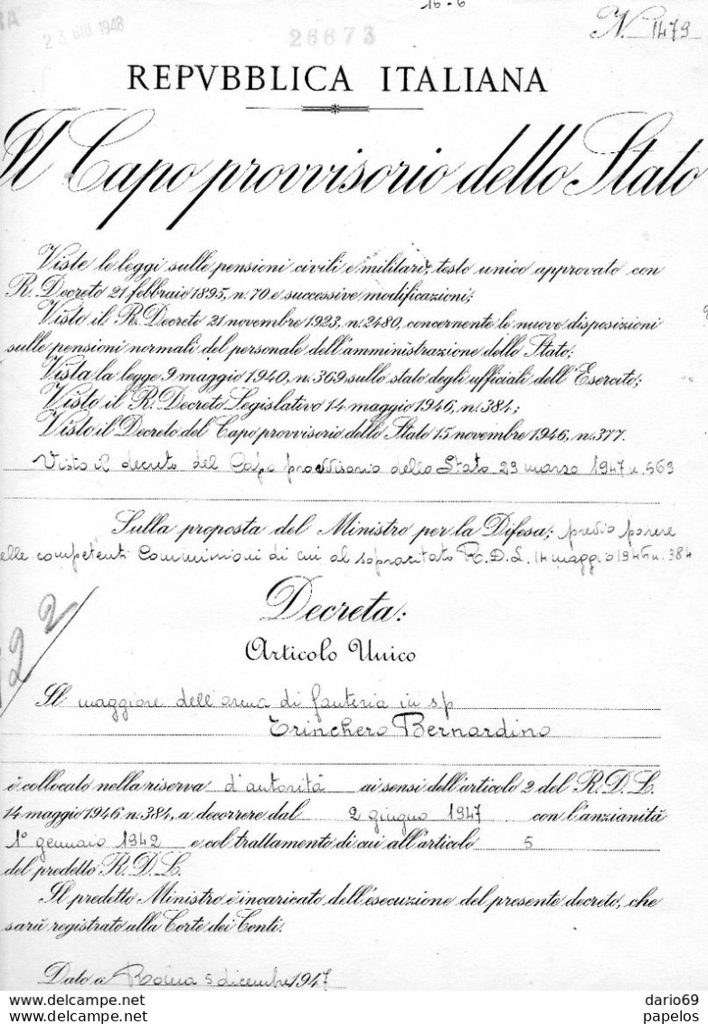 1948 CAPO PROVVISORIO DELLO STATO - Décrets & Lois
