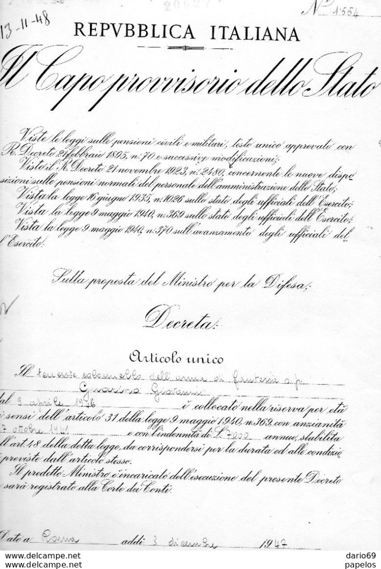 1948 CAPO PROVVISORIO DELLO STATO - Decrees & Laws