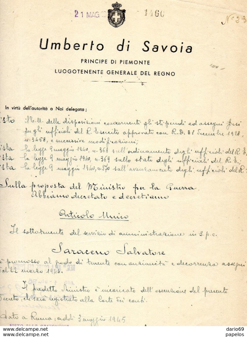 1945 UMBERTO DI SAVOIA DECRETO - Décrets & Lois