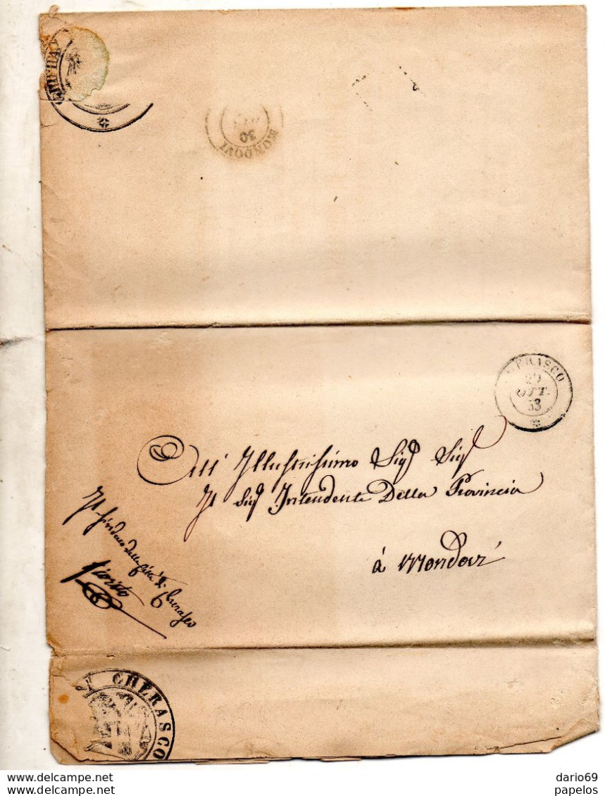 1853  LETTERA CON ANNULLO CHERASCO   CUNEO - 1. ...-1850 Vorphilatelie