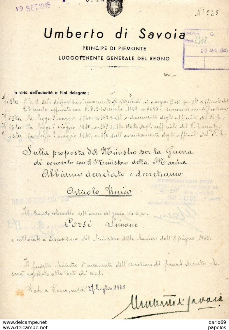 1945 UMBERTO DI SAVOIA - Decrees & Laws