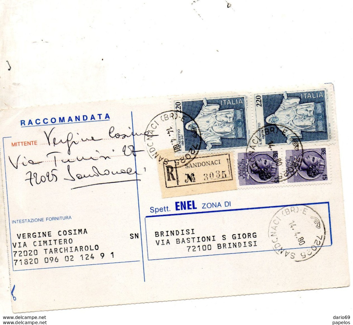 1980 CARTOLINA RACCOMANDATA CON ANNULLO SANDONACI BRINDISI - 1971-80: Storia Postale