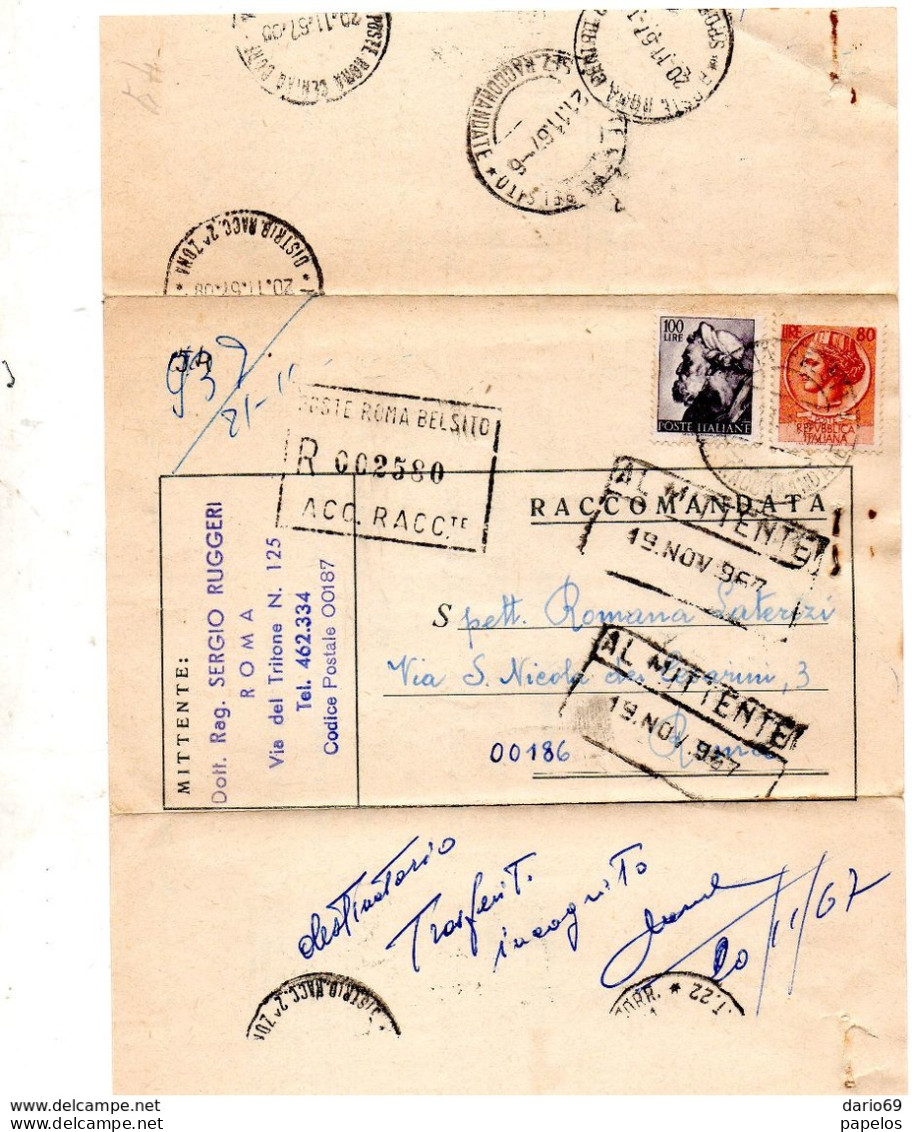 1967 LETTERA RACCOMANDATA CON ANNULLO ROMA BELSITO - 1961-70: Storia Postale