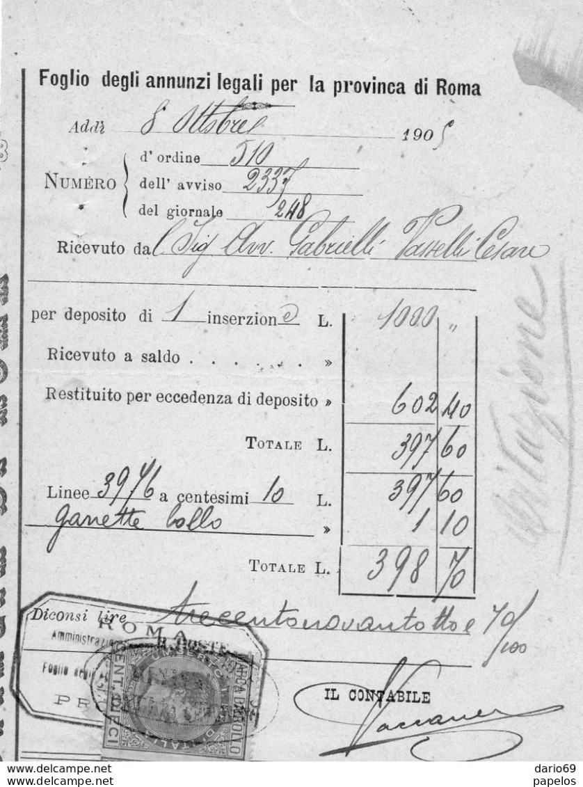 1905 FOGLIO DEGLI ANNUNZI LEGALI  PER LA PROVINCIA DI ROMA - Italia