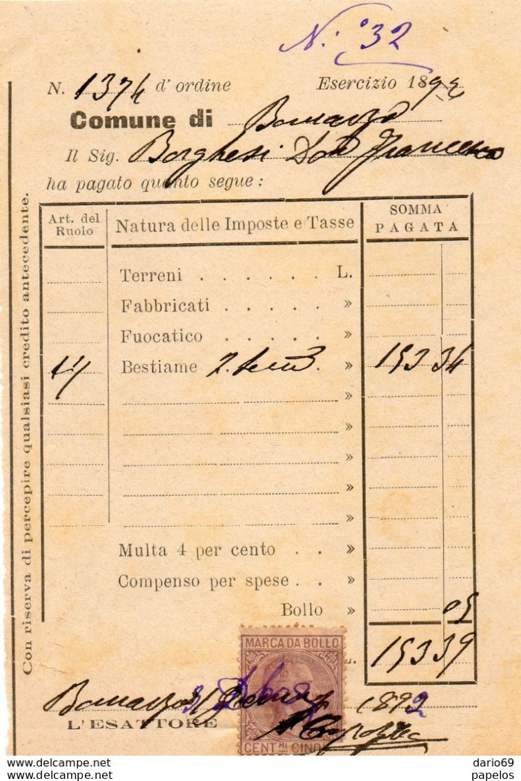 1892  RICEVUTA CON MARCA DA BOLLO - Italie