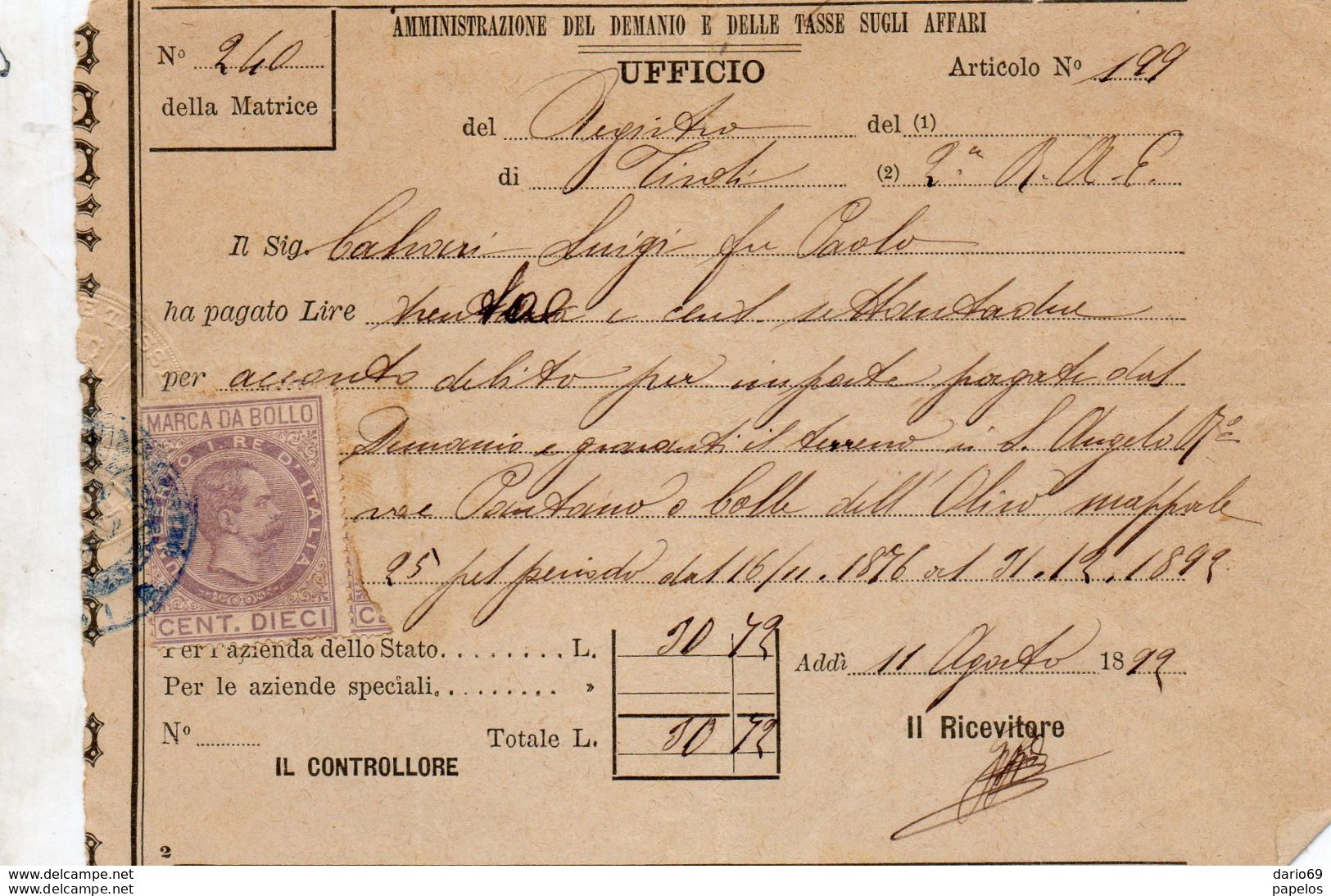 1892 RICEVUTA CON MARCA DA BOLLO - Italie