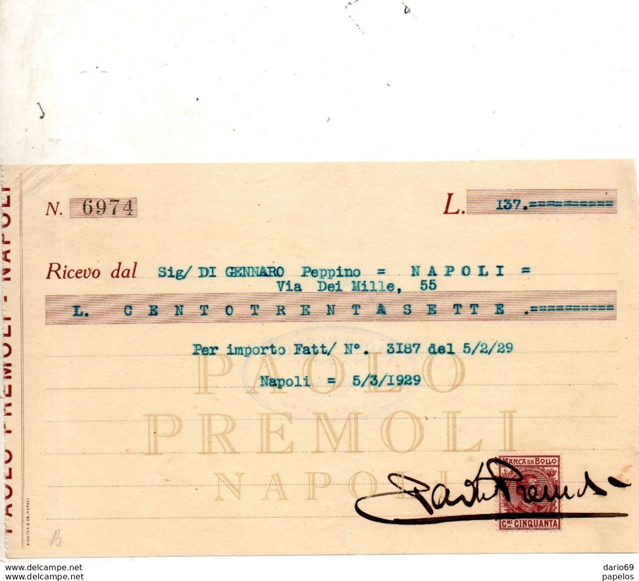 1929 NAPOLI RICEVUTA CON MARCA DA BOLLO - Cheques & Traveler's Cheques