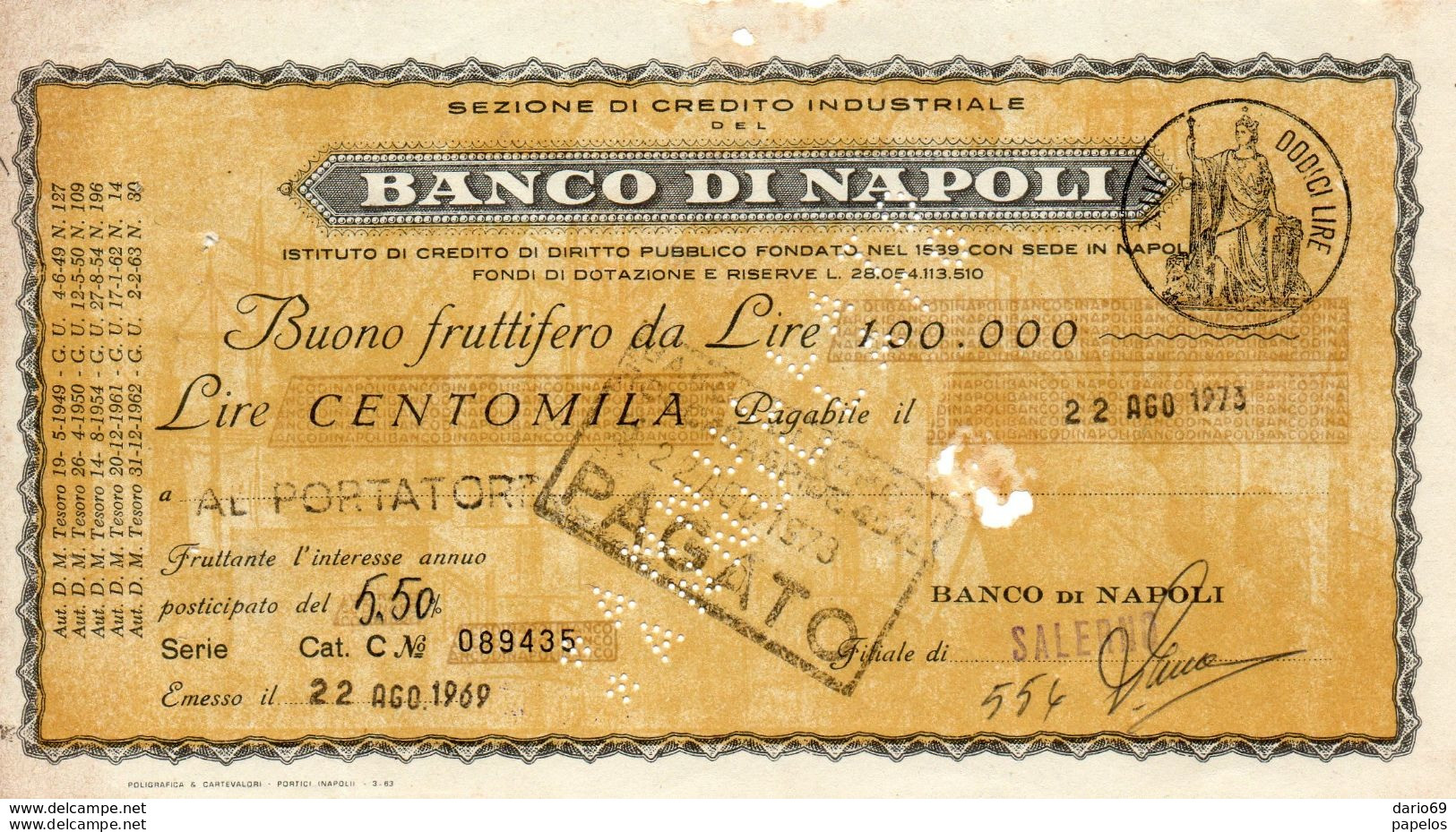 1969 Banco Di Napoli BUONO FRUTTIFERO - Chèques & Chèques De Voyage