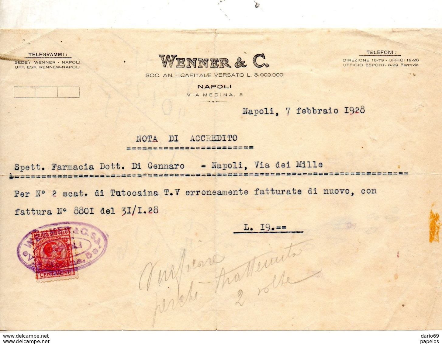 1928  NAPOLI RICEVUTA CON MARCA DA BOLLO - Cheques & Traverler's Cheques