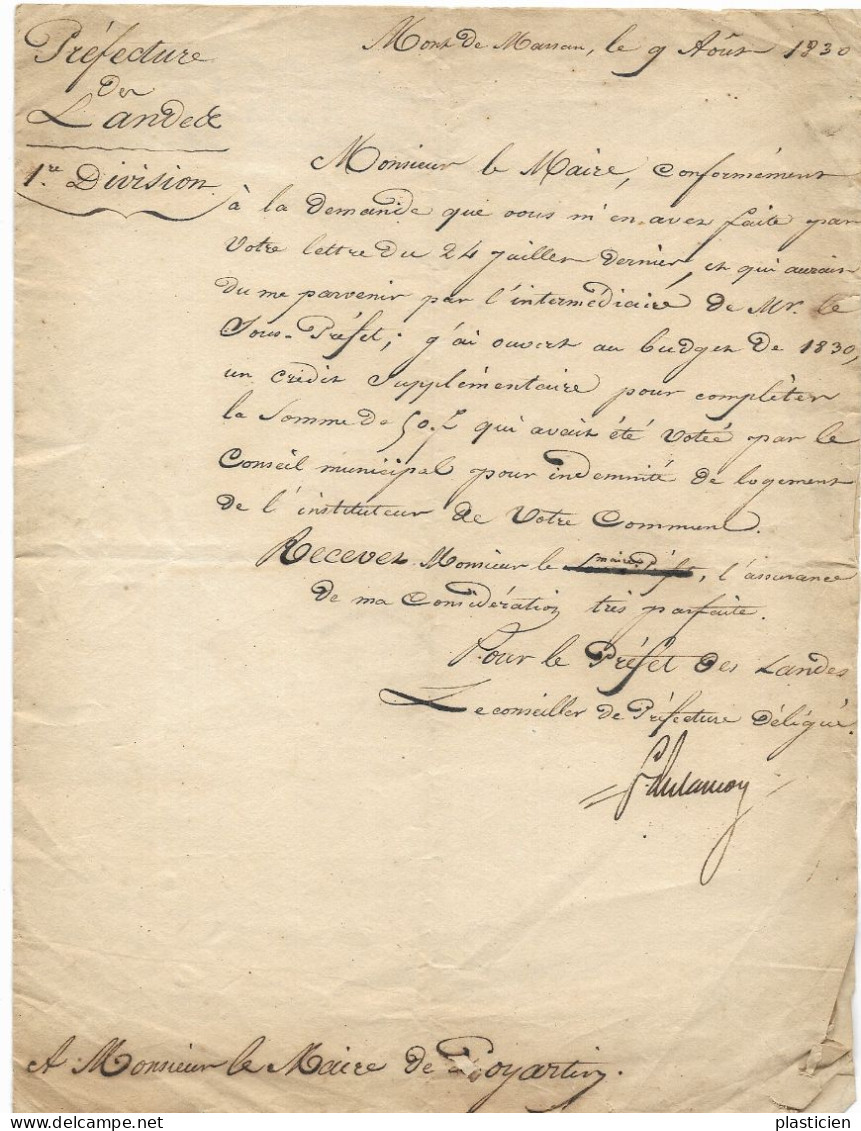 LETTRE MANUSCRITE PREFECTURE DES LANDES (40) AU MAIRE DE POYARTIN (LANDES, CHALOSSE) 1830 - Manuskripte