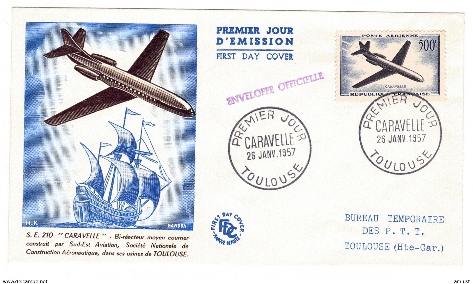 France // FDC // 1957 // Lettre 1er Jour "Caravelle" Cachet Toulouse 26 Janv.1957 - 1950-1959