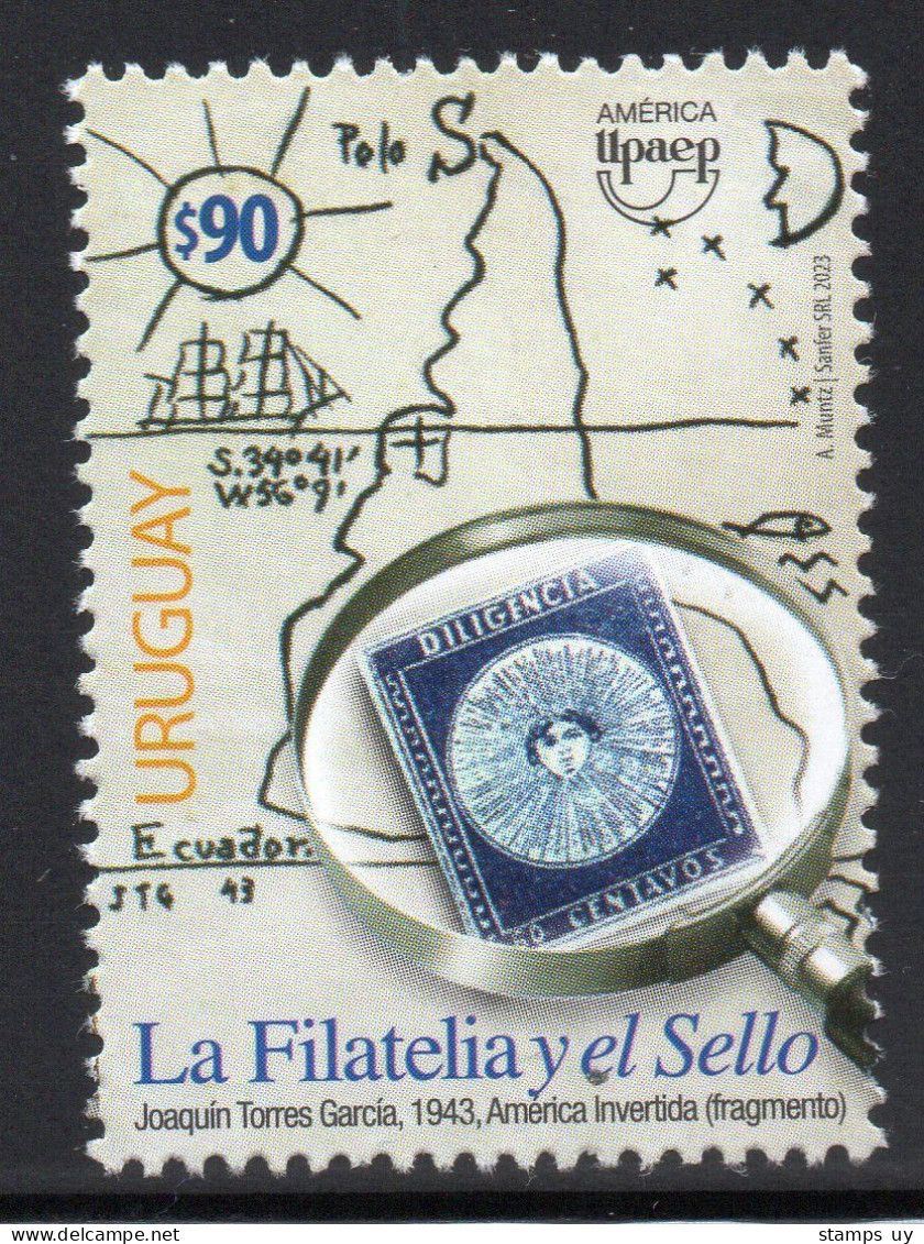URUGUAY 2023 (UPAEP, Joint Issue, Philately, Stagecoach, Art, Paintings, Torres García, Ship, Fish, Geography) - 1 Stamp - Geografia