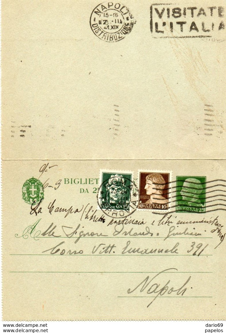 1941 BIGLIETTO POSTALE CON ANNULLO ROMA + TARGHETTA LOTTERIA ITALIA - Stamped Stationery