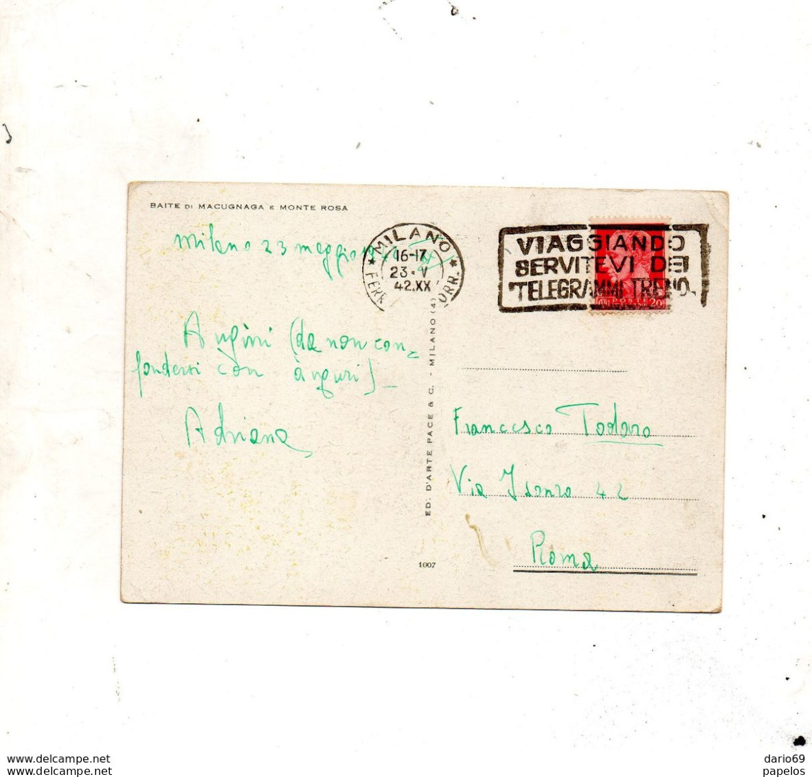 1942  CARTOLINA  CON ANNULLO  MILANO + TARGHETTA VIAGGIANDO SERVITEVI DEI TELEGRAMMI TRENO - Marcophilie