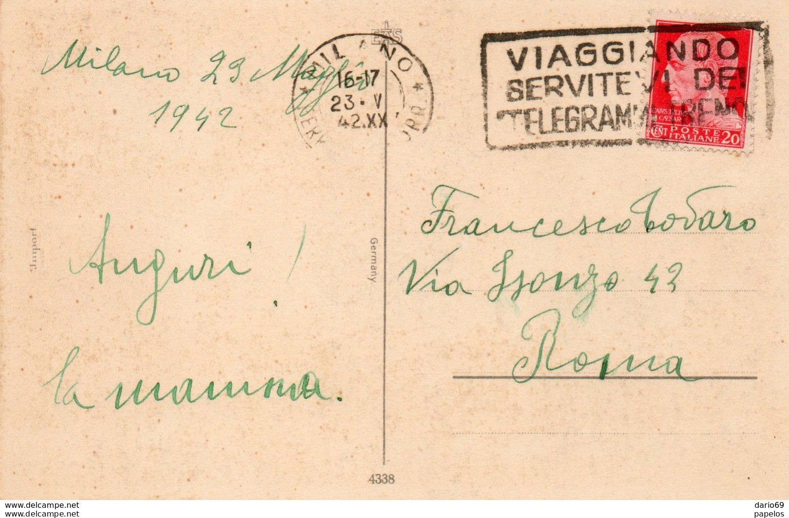 1942  CARTOLINA  CON ANNULLO  MILANO + TARGHETTA VIAGGIANDO SERVITEVI DEI TELEGRAMMI TRENO - Marcophilie