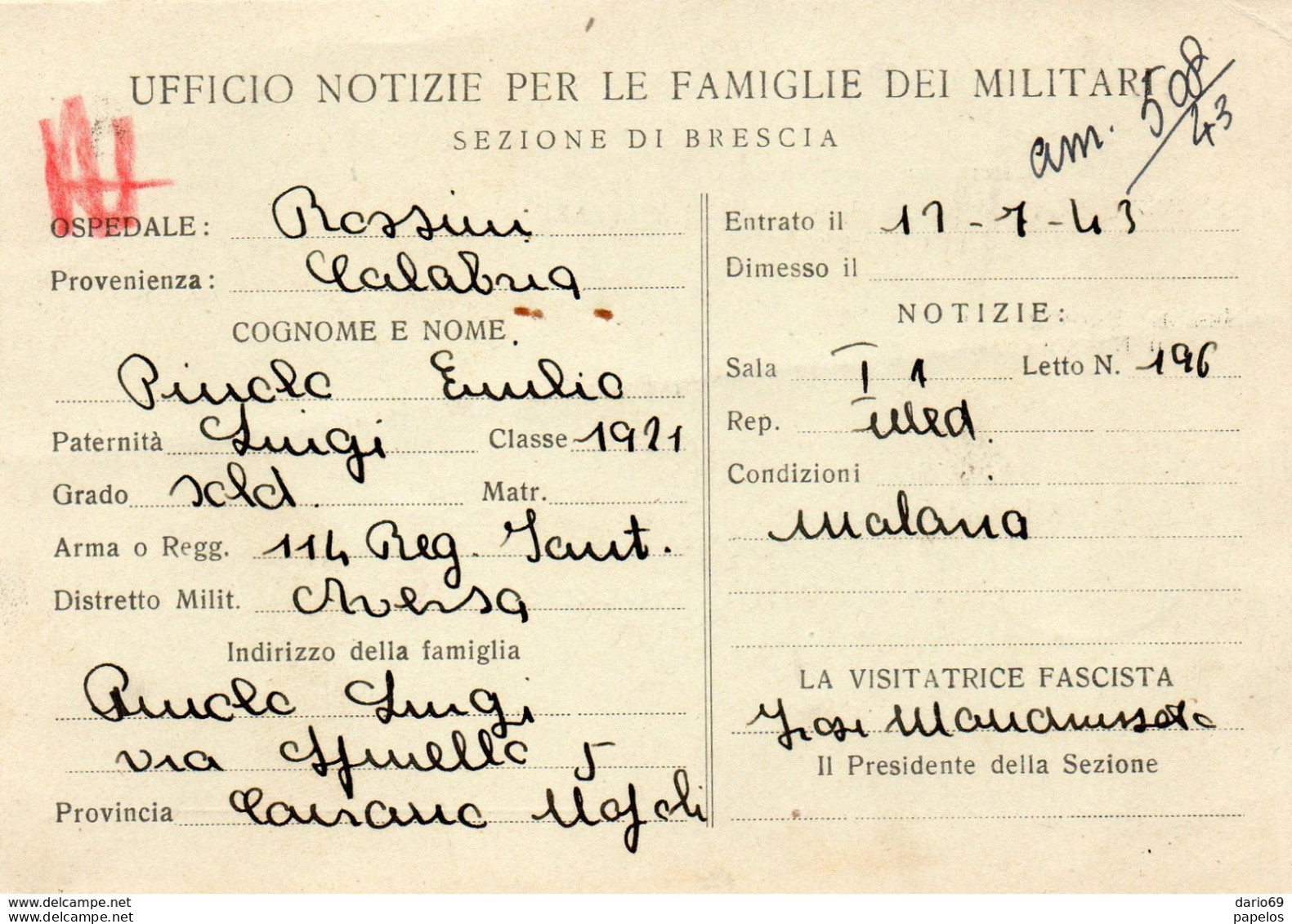 1943 CARTOLINA  INTESTATA  MINISTERO  INTERNO SERVIZIO NOTIZIE ALLE FAMIGLIE DEI MILITARI ALLE ARMI - Documents Historiques