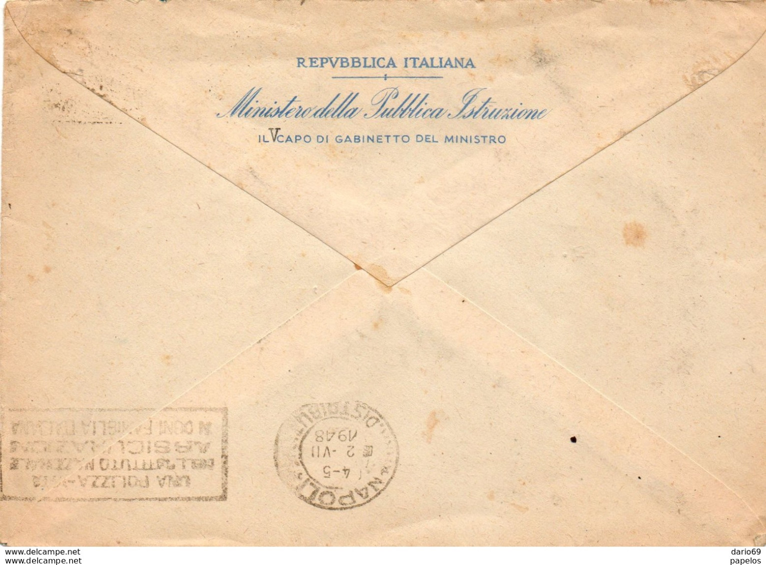 1948 LETTERA INTESTATA MINISTERO CON ANNULLO ROMA OSTIENSE + TARGHETTA UNA POLIZZA VITA  IN OGNI FAMIGLIA ITALIANA - 1946-60: Storia Postale