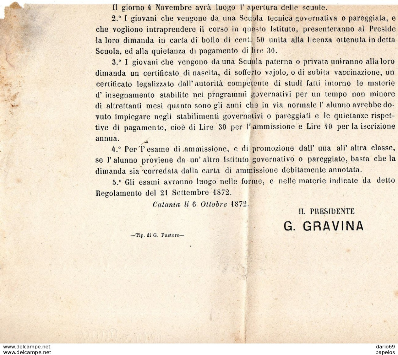 1872 CATANIA - GIUNTA DI VIGILANZA  SULL'INSEGNAMENTO INDUSTRIALE - Historical Documents