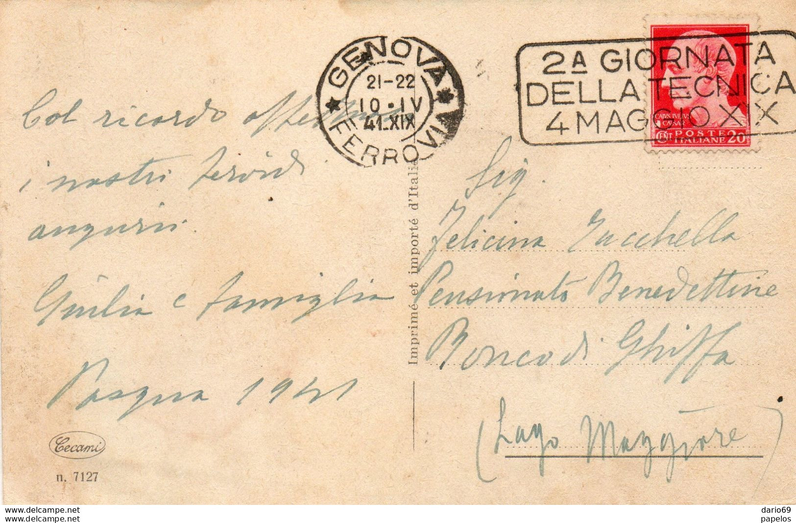 1941   CARTOLINA  CON ANNULLO GENOVA + TARGHETTA  2* GIORNATA DELLA  TECNICA - Marcophilia